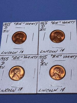 (4) 1955-D BU RED CONDITION "BIE" VARIETY LINCOLN CENTS AS PICTURED.