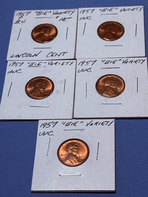 (5) 1957-P BU RED CONDITION "BIE" VARIETY LINCOLN CENTS AS PICTURED.