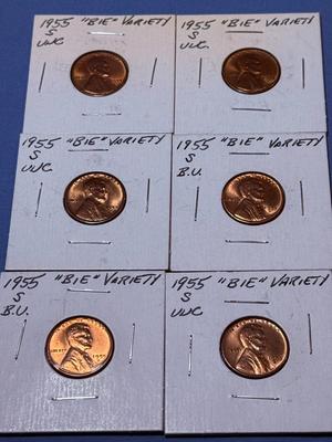 (6) 1955-S BU RED CONDITION "BIE" VARIETY LINCOLN CENTS AS PICTURED.
