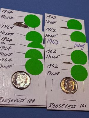 (5) 1962-P & (5) 1964-P CHOICE PROOF CONDITION ROOSEVELT SILVER DIMES AS PICTURED.