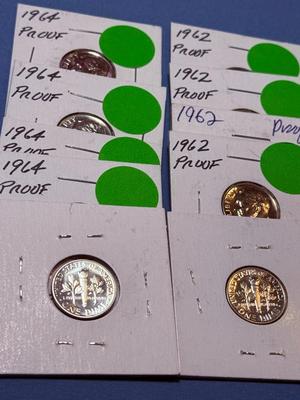 (5) 1962-P & (5) 1964-P CHOICE PROOF CONDITION ROOSEVELT SILVER DIMES AS PICTURED.