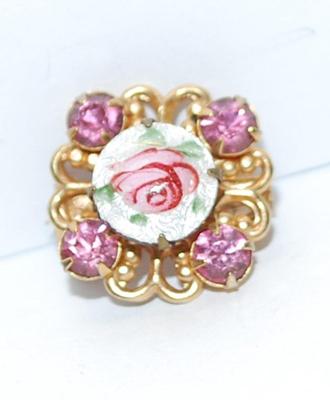 Petite 4 Pink Stone ROSE BROOCH (½" x ½") with Enameled Center Accent on a Gold Tone Setting