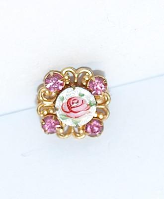 Petite 4 Pink Stone ROSE BROOCH (½" x ½") with Enameled Center Accent on a Gold Tone Setting