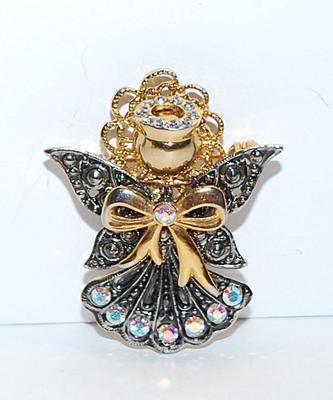 Black & Gold Colored Modern ANGEL BROOCH (1¾" x 1½") with Iridescent Accent Stones and Jeweled Halo on a Gold Tone Setting