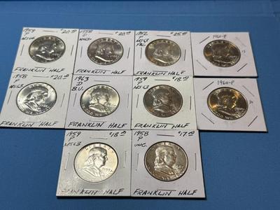 (10) UNCIRCULATED CONDITION FRANKLIN SILVER HALF DOLLARS BAG #15 RECEIVE ALL AS PICTURED.