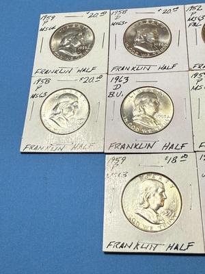 (10) UNCIRCULATED CONDITION FRANKLIN SILVER HALF DOLLARS BAG #15 RECEIVE ALL AS PICTURED.