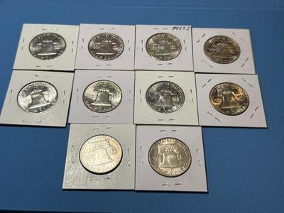 (10) UNCIRCULATED CONDITION FRANKLIN SILVER HALF DOLLARS BAG #15 RECEIVE ALL AS PICTURED.