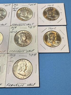 (10) UNCIRCULATED CONDITION FRANKLIN SILVER HALF DOLLARS BAG #15 RECEIVE ALL AS PICTURED.