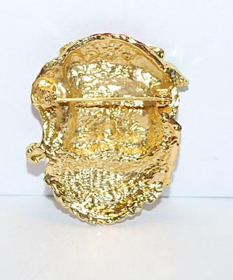 Gold Faced Happy Santa BROOCH (2" x 1½") with Striped White Beard & Holly Hat on a Gold Tone Setting