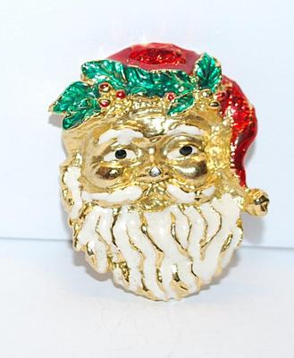Gold Faced Happy Santa BROOCH (2" x 1½") with Striped White Beard & Holly Hat on a Gold Tone Setting
