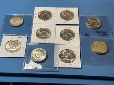 (10) UNCIRCULATED CONDITION FRANKLIN SILVER HALF DOLLARS BAG #16 RECEIVE ALL AS PICTURED.