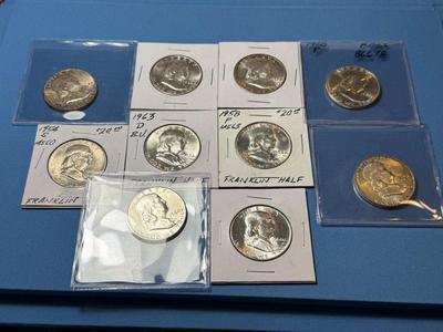(10) UNCIRCULATED CONDITION FRANKLIN SILVER HALF DOLLARS BAG #16 RECEIVE ALL AS PICTURED.