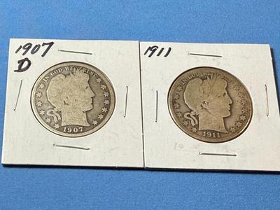 1907-D & 1911-P AG CONDITION BARBER SILVER HALF DOLLARS AS PICTURED.