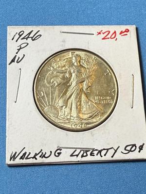 1946-P AU CONDITION WALKING LIBERTY SILVER HALF DOLLAR AS PICTURED. (COIN 29).
