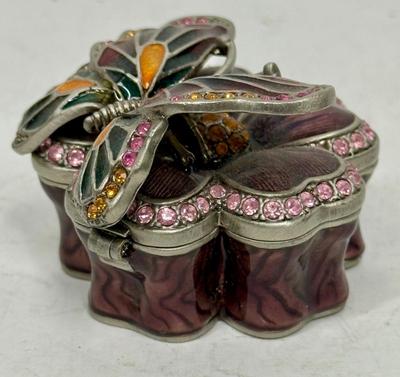 Vintage Butterfly on Flower Trinket Box Enameled and Jeweled