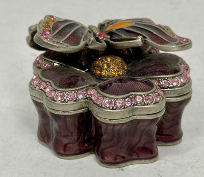 Vintage Butterfly on Flower Trinket Box Enameled and Jeweled
