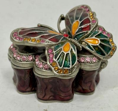 Vintage Butterfly on Flower Trinket Box Enameled and Jeweled