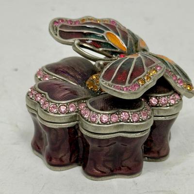 Vintage Butterfly on Flower Trinket Box Enameled and Jeweled