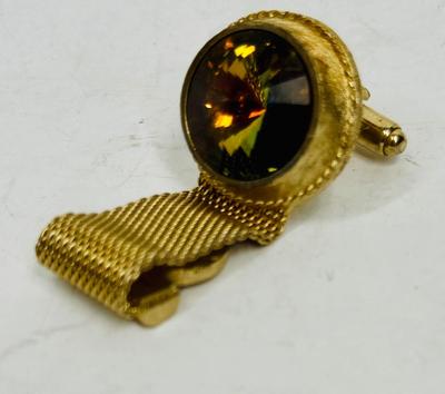 Single Vintage Dante Green Gold Rivoli Rhinestone MCM Men's Cufflink