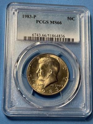 PCGS CERTIFIED 1983-P MS66 KENNEDY HALF DOLLAR COIN-TR7. (NO MINT SETS ISSUED 1983). GREYSHEET BID $55.