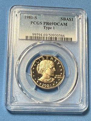 PCGS CERTIFIED 1981-S TYPE-1 PROOF69 DEEP SBA DOLLAR COIN AS PICTURED.