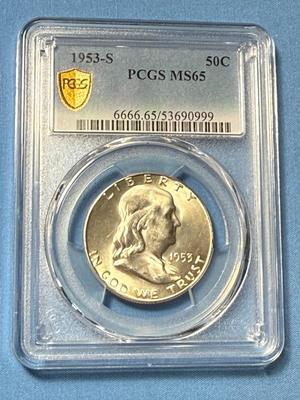 PCGS CERTIFIED 1953-S MS65 CONDITION FRANKLIN SILVER HALF DOLLAR AS PICTURED.