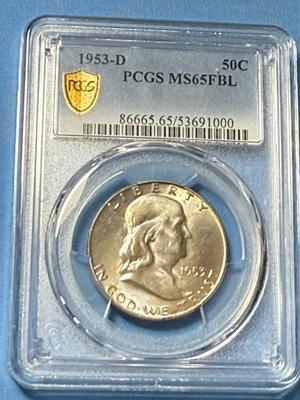 PCGS CERTIFIED 1953-D MS65 FULL BELL LINES FRANKLIN SILVER HALF DOLLAR AS PICTURED.