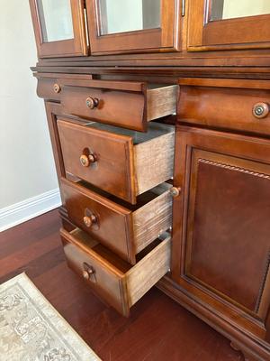 Cherry Finish Lighted China Cabinet with Glass Doors