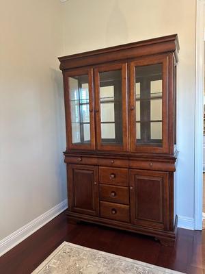 Cherry Finish Lighted China Cabinet with Glass Doors