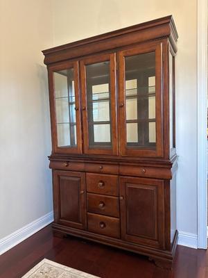 Cherry Finish Lighted China Cabinet with Glass Doors