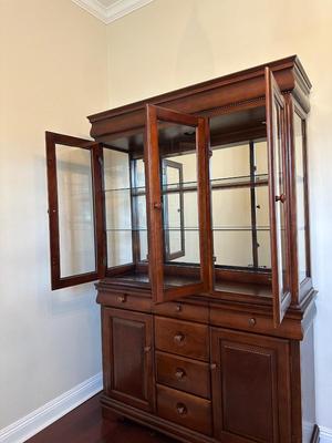 Cherry Finish Lighted China Cabinet with Glass Doors