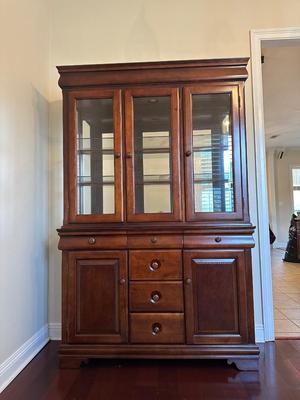 Cherry Finish Lighted China Cabinet with Glass Doors