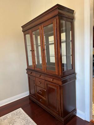 Cherry Finish Lighted China Cabinet with Glass Doors
