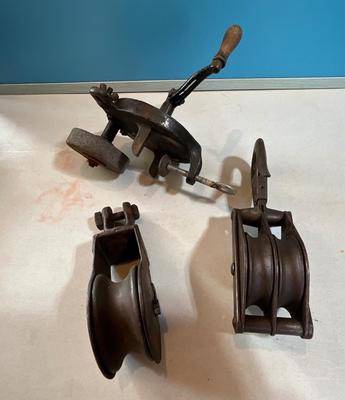 Vintage Metal Pulleys & Hand Bench Grinder