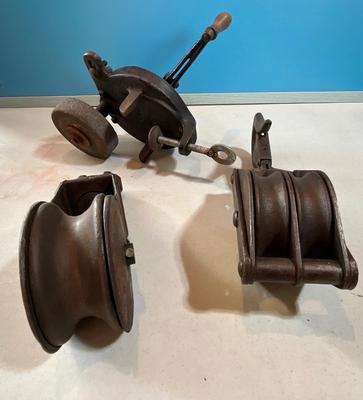 Vintage Metal Pulleys & Hand Bench Grinder