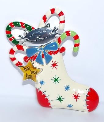 Bright Color Candy Canes HOLIDAY STOCKING BROOCH (2¾" x 1¾") with Silver Cat Face & Blue Ribbon on a Silver Tone Setting