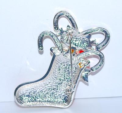 Bright Color Candy Canes HOLIDAY STOCKING BROOCH (2¾" x 1¾") with Silver Cat Face & Blue Ribbon on a Silver Tone Setting