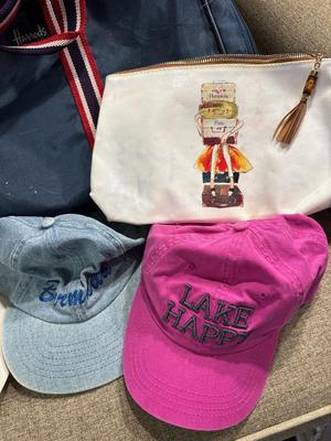 Vintage Harrods bag plus scarves and hat