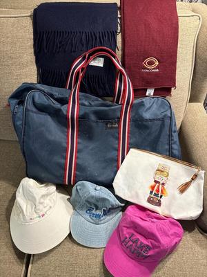 Vintage Harrods bag plus scarves and hat