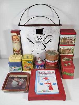 LOT 123G: Variety of Vintage Christmas Holiday Decorations Including Themed Tins, Norman Rockwell Plate and More