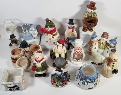LOT 135G: Vintage Collection of Christmas Holiday Snowmen Including Candle Holders, Ornaments and More