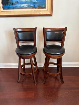 Pair of Swivel Bar Height Stools with Upholstered Seats