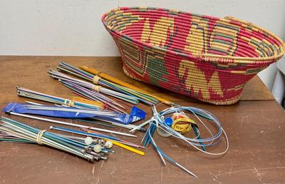Large Lot of Vintage Knitting Needles Different Sizes & a couple of measuring tapes in Hand Woven Basket