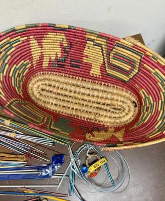 Large Lot of Vintage Knitting Needles Different Sizes & a couple of measuring tapes in Hand Woven Basket