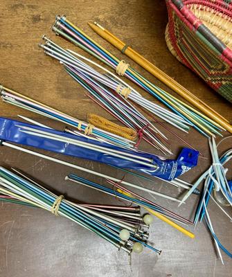 Large Lot of Vintage Knitting Needles Different Sizes & a couple of measuring tapes in Hand Woven Basket