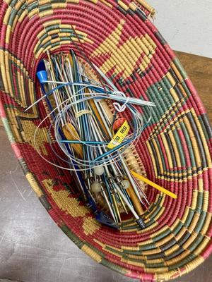 Large Lot of Vintage Knitting Needles Different Sizes & a couple of measuring tapes in Hand Woven Basket