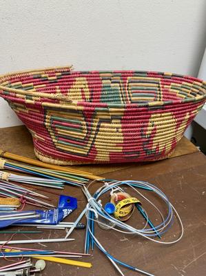 Large Lot of Vintage Knitting Needles Different Sizes & a couple of measuring tapes in Hand Woven Basket