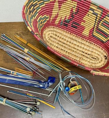 Large Lot of Vintage Knitting Needles Different Sizes & a couple of measuring tapes in Hand Woven Basket