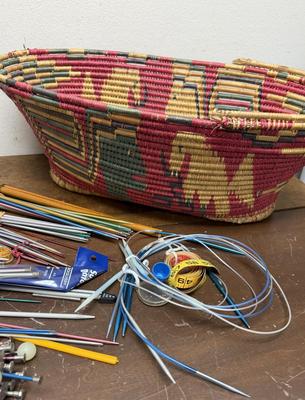 Large Lot of Vintage Knitting Needles Different Sizes & a couple of measuring tapes in Hand Woven Basket