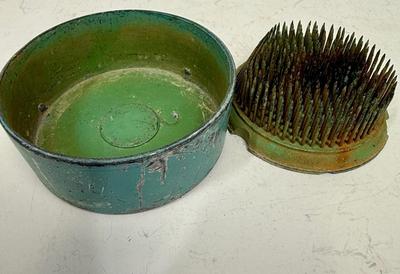 Antique PRIMITIVE Green Metal Pin Round Flower Frog Floral and tray. for storage